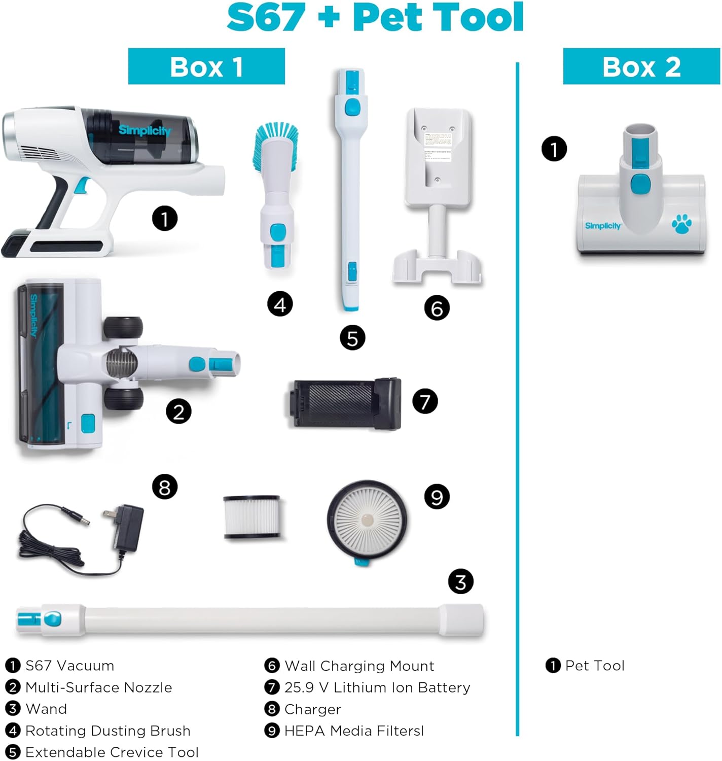 Simplicity Vacuums S67 Pet Bundle, Cordless Stick Vacuum Cleaner and Motorized Pets Upholstery Tool, Tackle Dog Hair and More on Hard Floor, Rugs, Couch, and Stairs, 3 Speed Power, Light Weight Vacuum