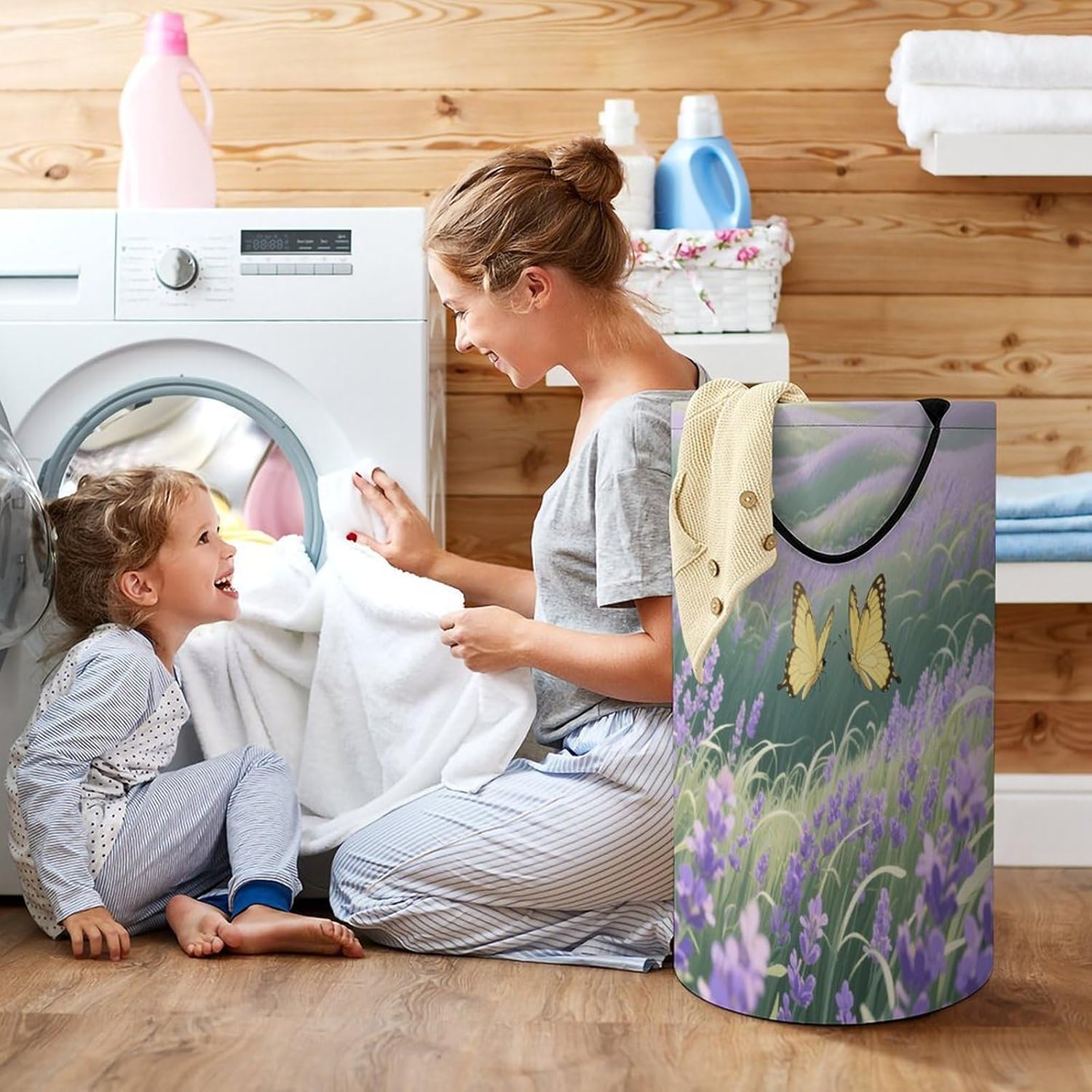 86L Large Laundry Hamper Yellow Butterfly Patterned Dirty Laundry Hamper Foldable Laundry Bag with Handle Suitable for Bedroom Living Room And Bathroom Washing Machine