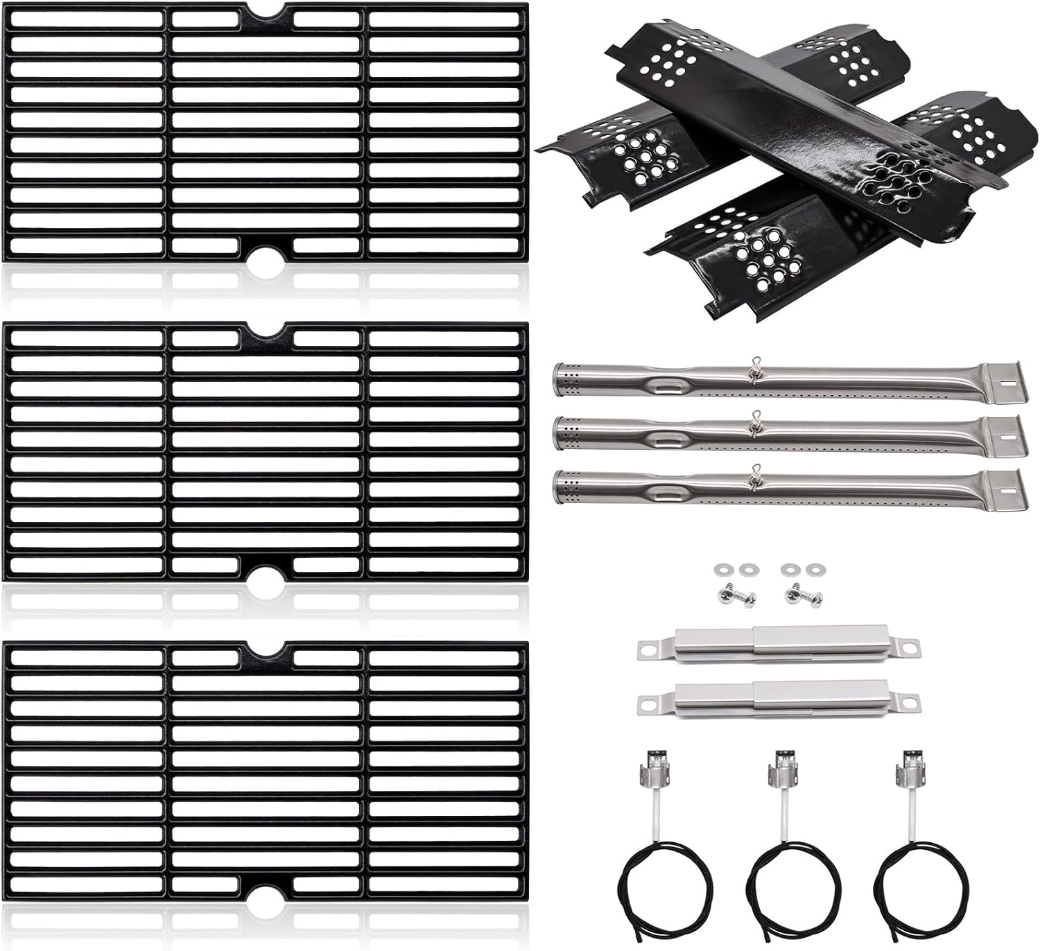 Adviace Grill Replacement Parts for Charbroil Gas2Coal 463340516, 463370519, 463370516, 463336818, 463341918, 463370518, Cast Iron Grill Grates, Burner, Heat Shield Plates, Crossover Tubes, Igniters.
