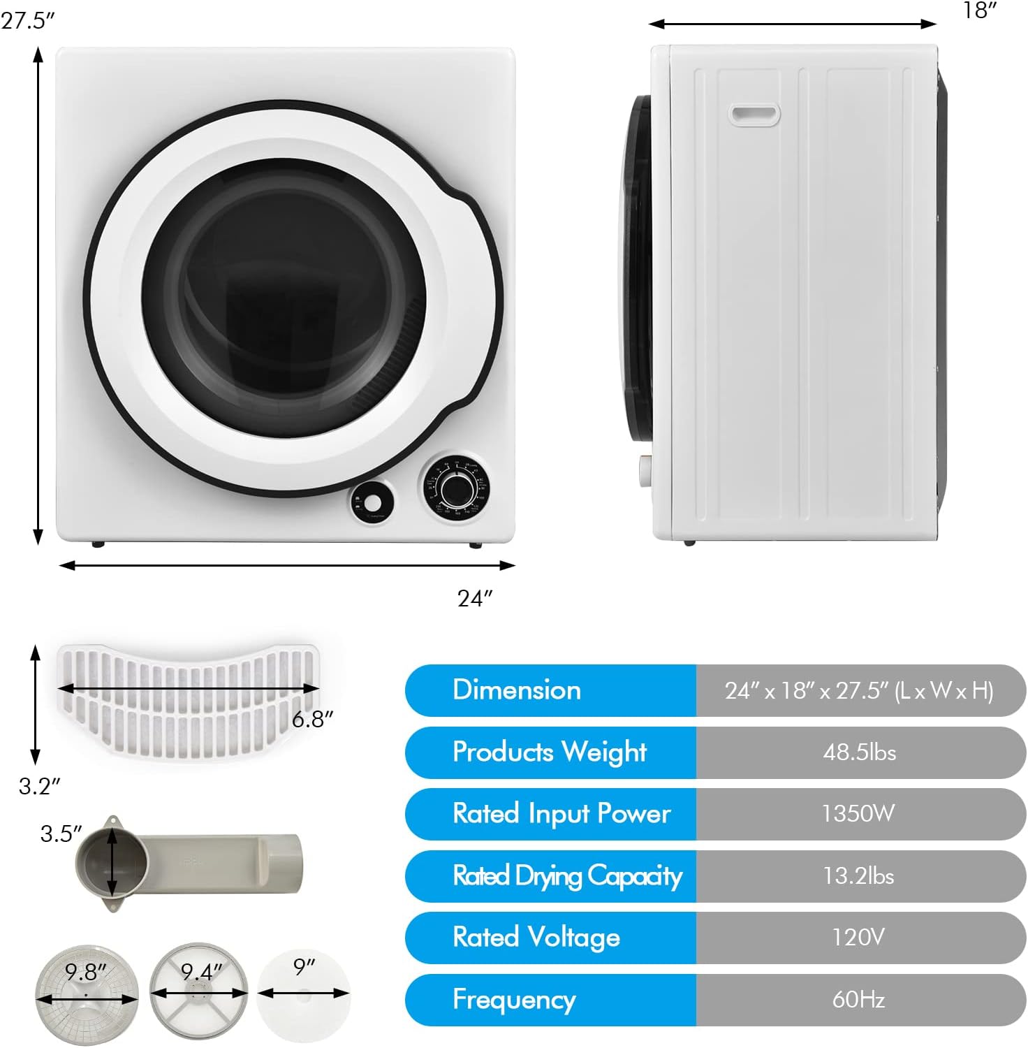 PETSITE Compact Laundry Dryer, Electric Portable Clothes Dryers With Stainless Steel Drum & Exhaust Pipe, 13.2 lbs Capacity, 5 Drying Modes for Apartments, Home, Dorm, 1350W, White