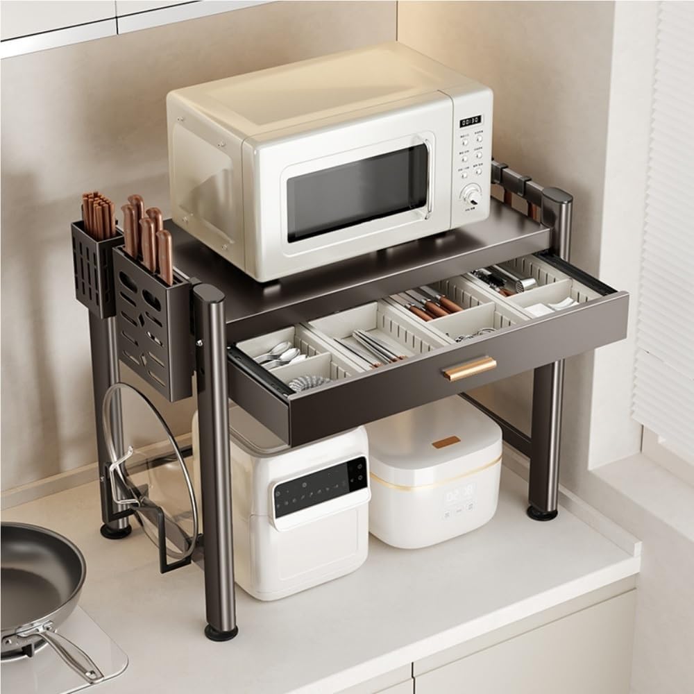 Adjustable Microwave Oven Countertop Rack, Microwave Oven Rack, Kitchen Counter Shelf, 2 Tier Metal Kitchen Countertop Organizer Shelves with 6 Hooks(59cm-23.2in)