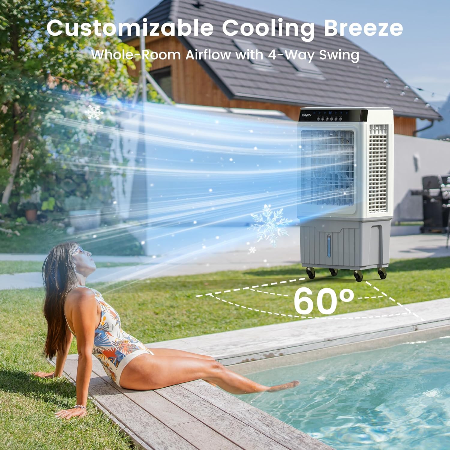 Waykar Swamp Cooler, 4800 CFM Evaporative Air Cooler with 8 Gals Water Tank, 1200 Sq.Ft. Portable Air Conditioner with 4 Ice Pack, 120°/60°Oscillation, 3 Models for Garage, Yard