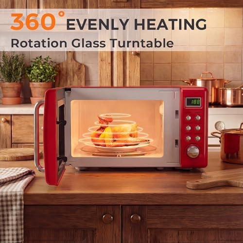 ARLIME Retro Microwave 0.7Cu.ft, 700 Watt Countertop Microwave with 5 Micro Power Defrost & Auto Cooking Function, LED Display, Child Lock, Small Microwave for Kitchen, RV, Dorm (Retro Red)