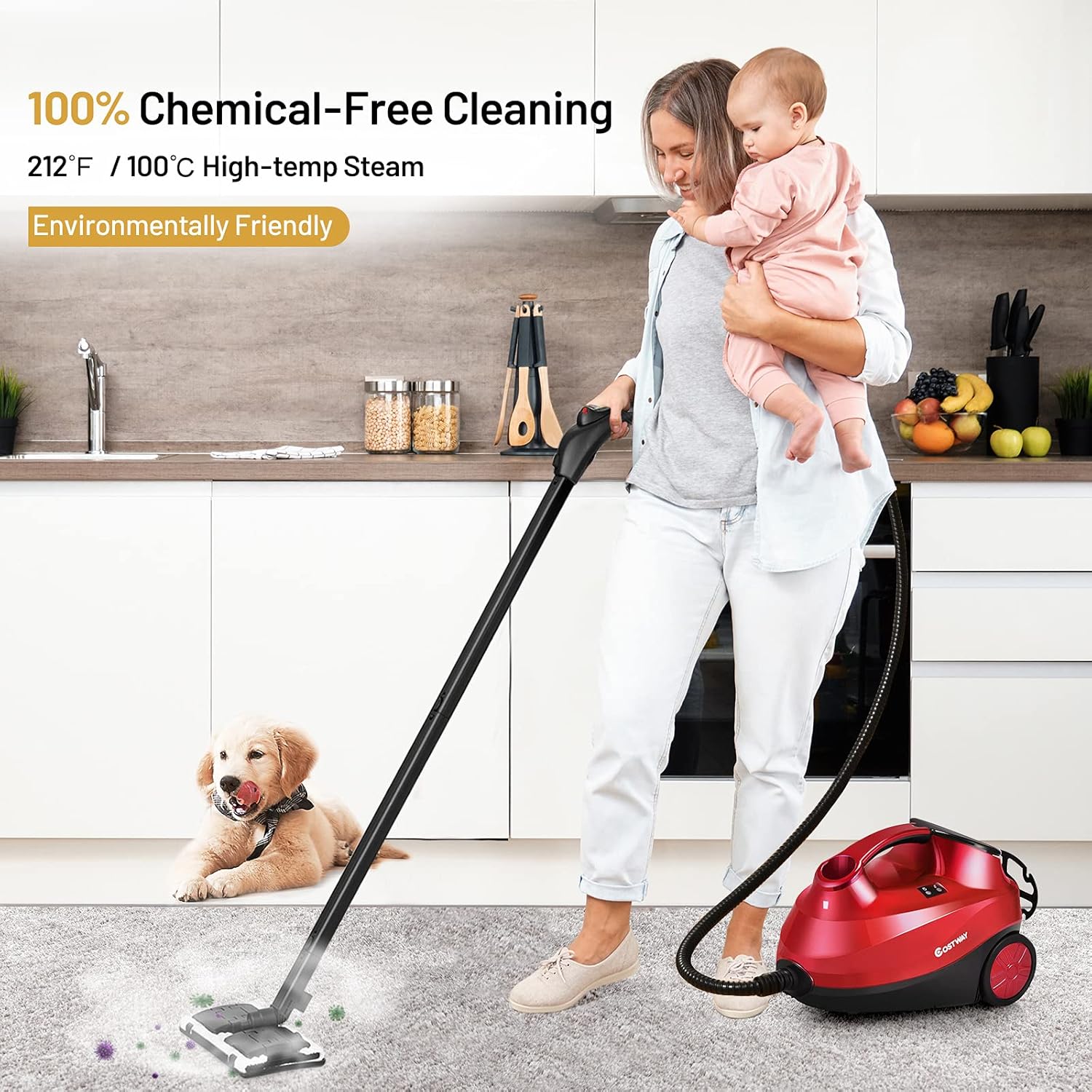 LDAILY 2000W Steam Cleaner with 19 Accessories, 1.5L Tank, Extra-Long Power Cord, Chemical-Free Pressurized Cleaning, 2000W Multi-Purpose Steam Cleaning System, or Floors, Cars, Home Use (Red)