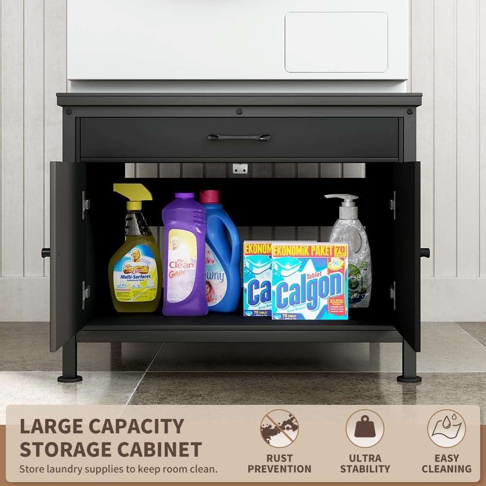 Washer and Dryer Pedestals, 29” Heavy Duty Laundry Pedestal with Storage Cabinet and Laundry Basket Shelf, Universal Washing Machine Stand, 700 LBS Capacity, Black