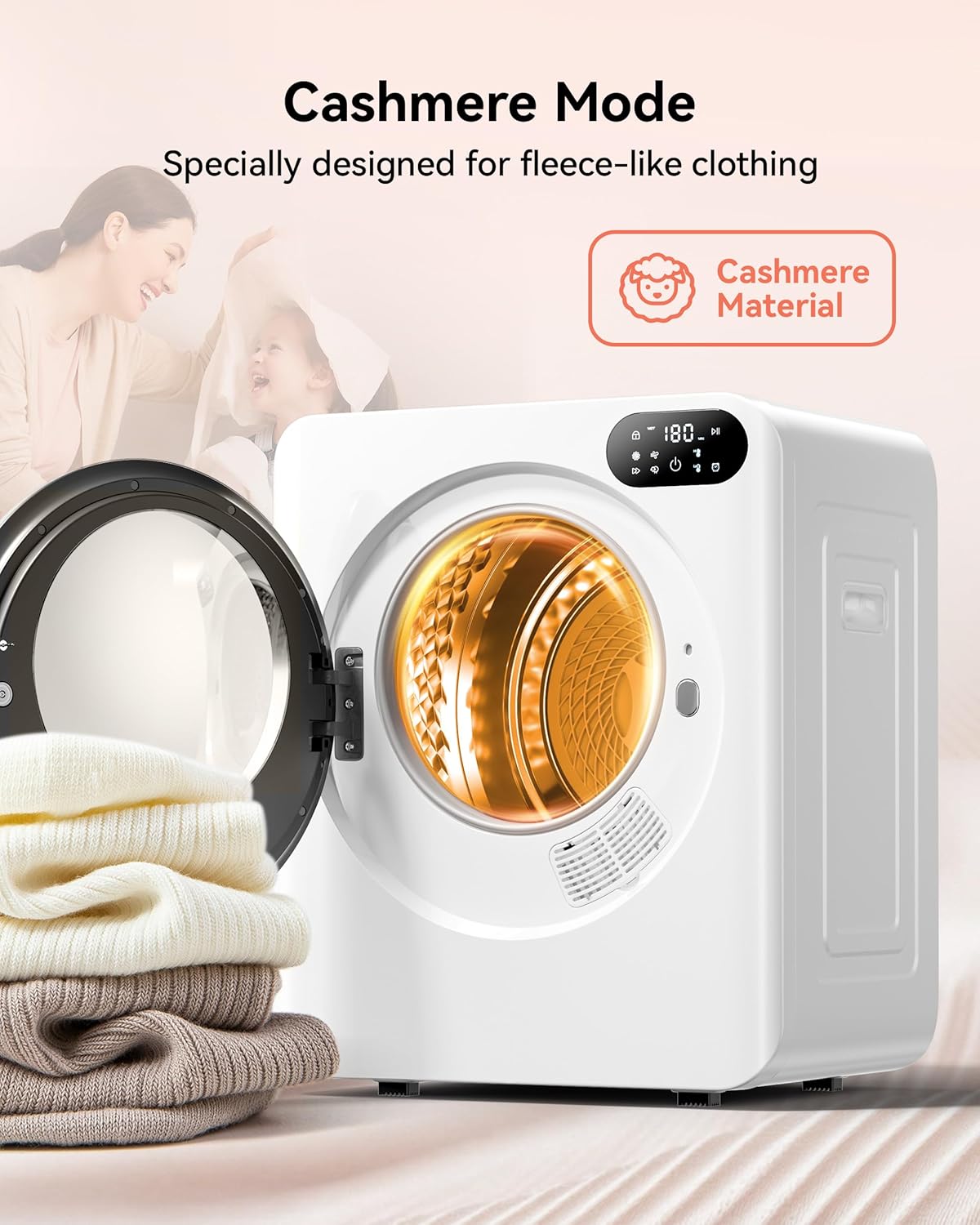 Euhomy 1.5 Cu.Ft Portable Clothes Dryer, 850W Clothes Dryer with Stainless Steel Drum, 4 Functions, LED Control, Drying Machine for Apartments, Laundry, Dorm, Small Space, White