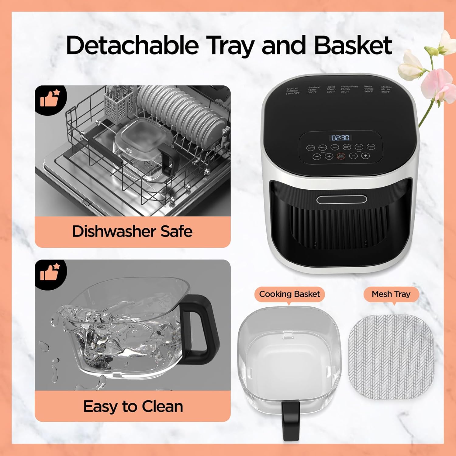 BOSWELL 4.5QT Glass Air Fryer - 6-in-1 with Transparent Bowl | Circulating Air for Crispy Results | Bake, Broil, Air Fry | Temperature Control, Dishwasher Safe (White)