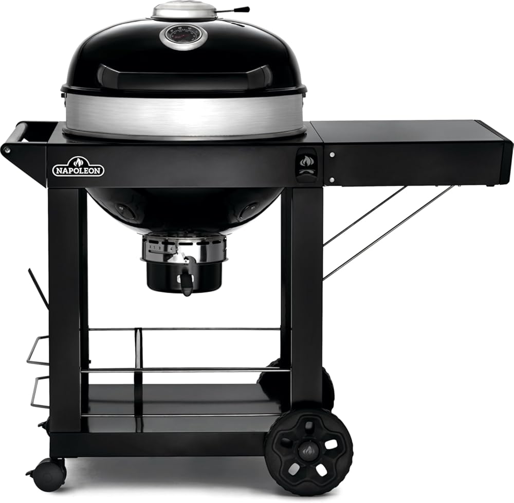 Napoleon PRO22 Charcoal Kettle Grill with Folding Cart, Black, Porcelain-Enameled Lid and Bowl, Chrome-Plated Cooking Grid
