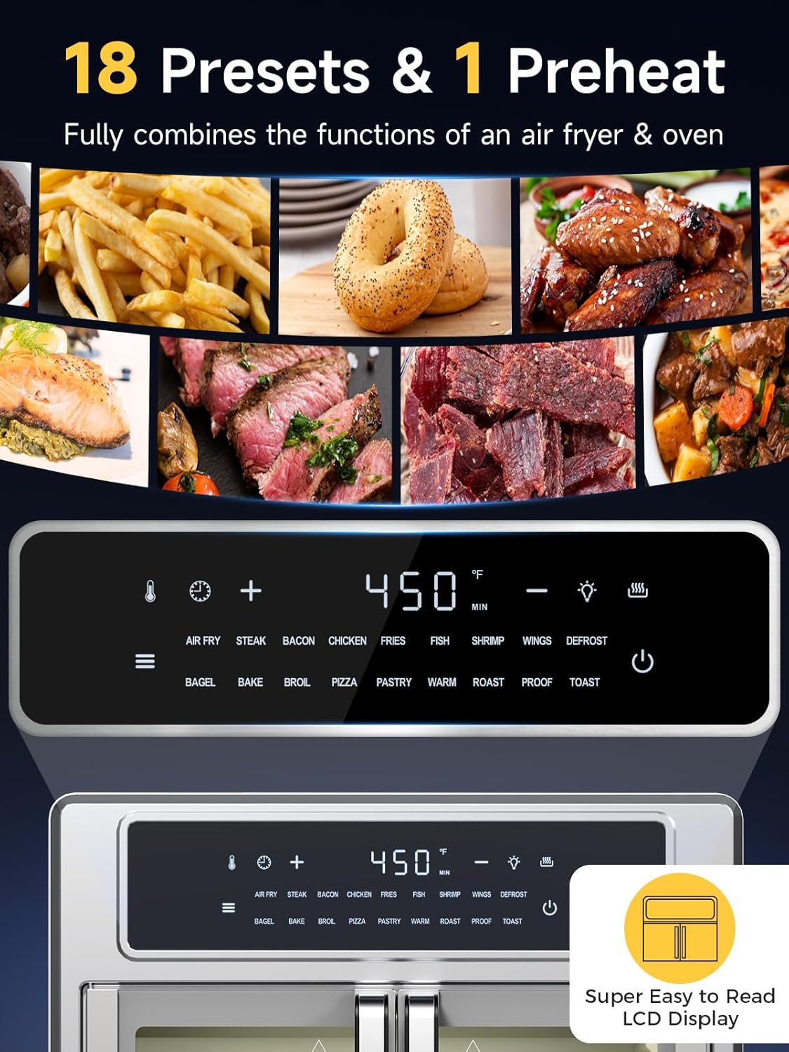 Kitchen Elite®Air Fryer French Door Oven,26.4 Qt Easy Cleanup & Use Large Countertop Toaster Oven Combo,18 Presets & 1 Preheat & 1 Light,Multi-Layer Cooking,4 Accessories,Stainless Steel