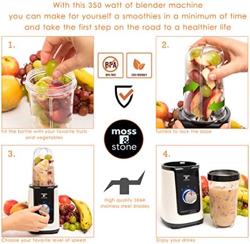 Moss & Stone MiniSmoothie Blender, Compact Personal Blender with Additional Cups Bullet Shape For Frozen Drinks, To-Go Portable Cups with Lids, Juice & Smoothie Maker
