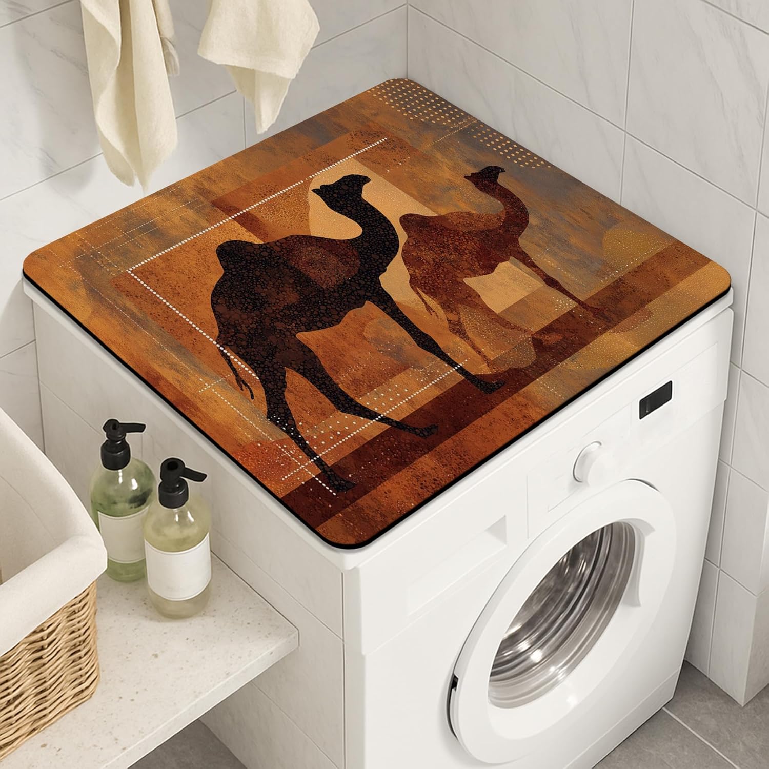 Desert Camel Washer Dryer Top Protector Mat, Vintage Rustic Pattern Laundry Machine Dust Covers, Bohemian Rubber Anti-slip Waterproof Washer And Dryer Mats for Laundry Room 24x24 Inch