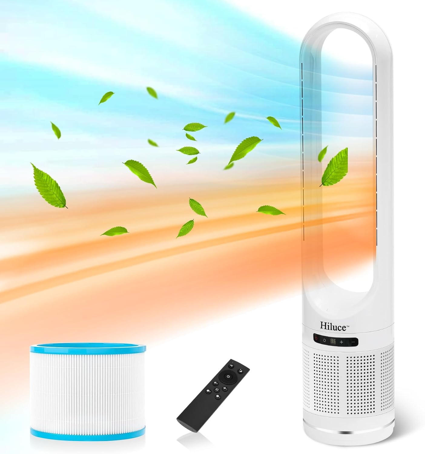 Hiluce 3-in-1 Bladeless Fan with Air Purifier,Indoor Heater,Fan and Heater Combo HEPA Filter,Tip-Over Switch,26ft/s Quiet Tower Fans,80°Oscillating, 8 Speeds, 9H Timer, 32 inch Large