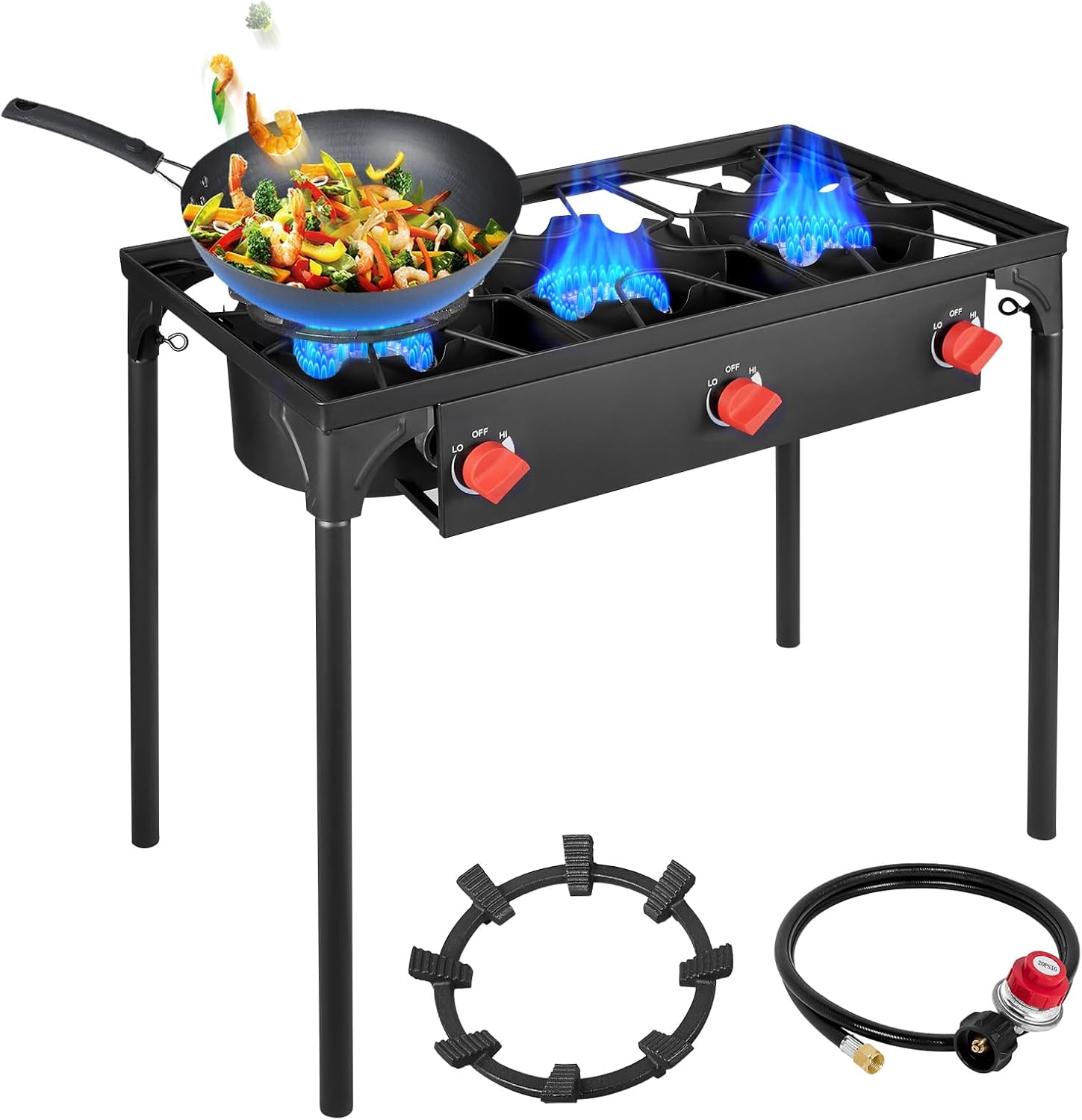 Llamaviva 3 Burner Propane Stove, 225,000 BTU Gas Camping Stove with Detachable Legs Stand, High Pressure Outdoor Stoves for Cooking