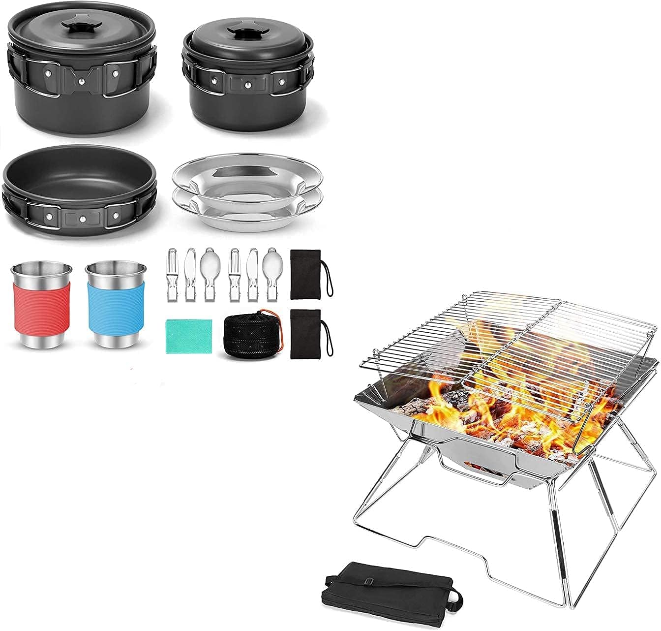 Odoland 15pcs Camping Cookware Mess Kit and Folding Campfire Grill for Outdoor Backpacking Hiking BBQ