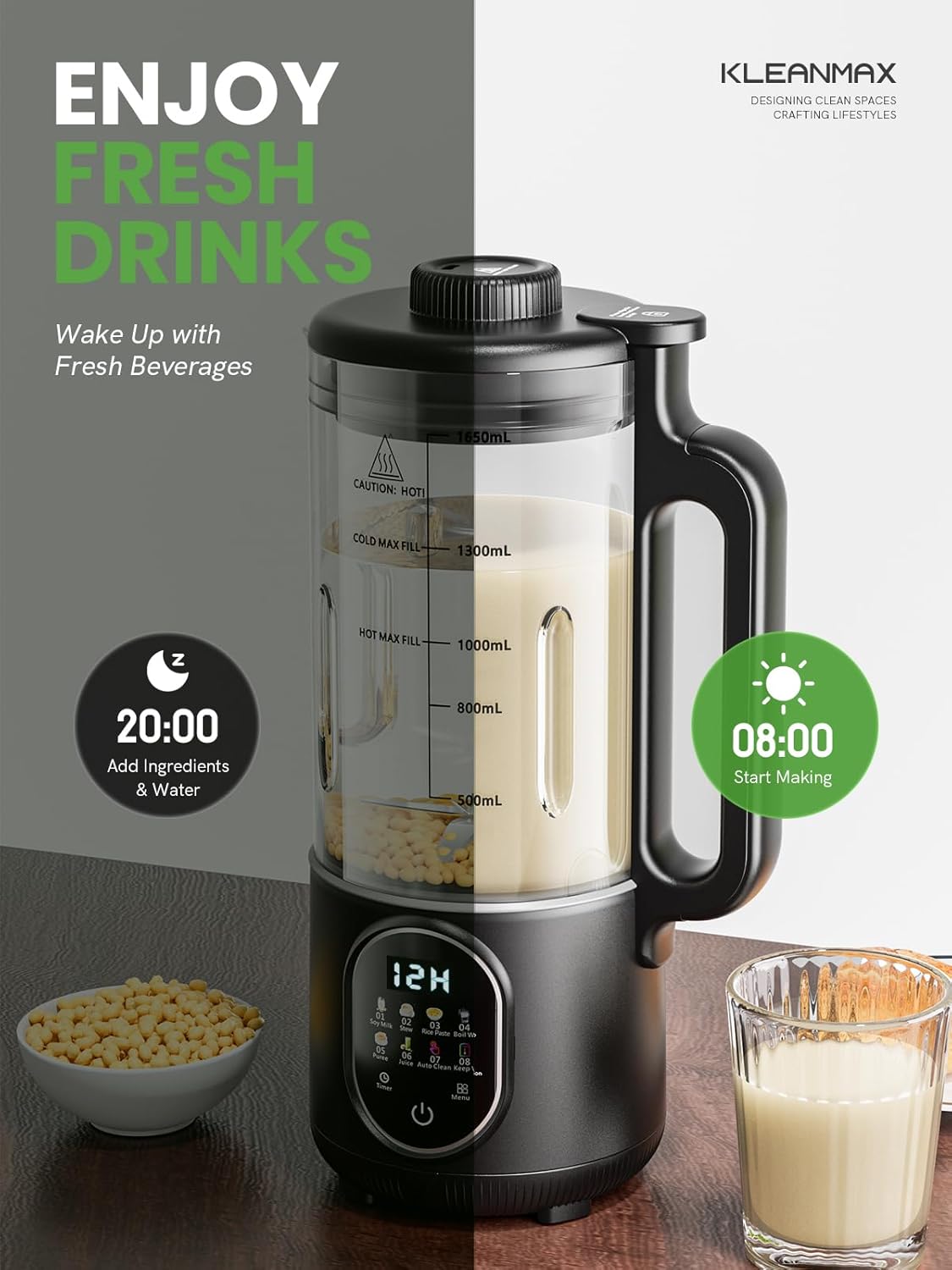 Upgraded 55oz Nut Milk Maker Machine & Blender, 10-in-1 Homemade Soy Milk Maker with 20 Blades, Plant-Based Almond Oat Milk Maker with Auto Clean, Delay Start, Boil Water, Keep Warm, 5-6 Cups, Black