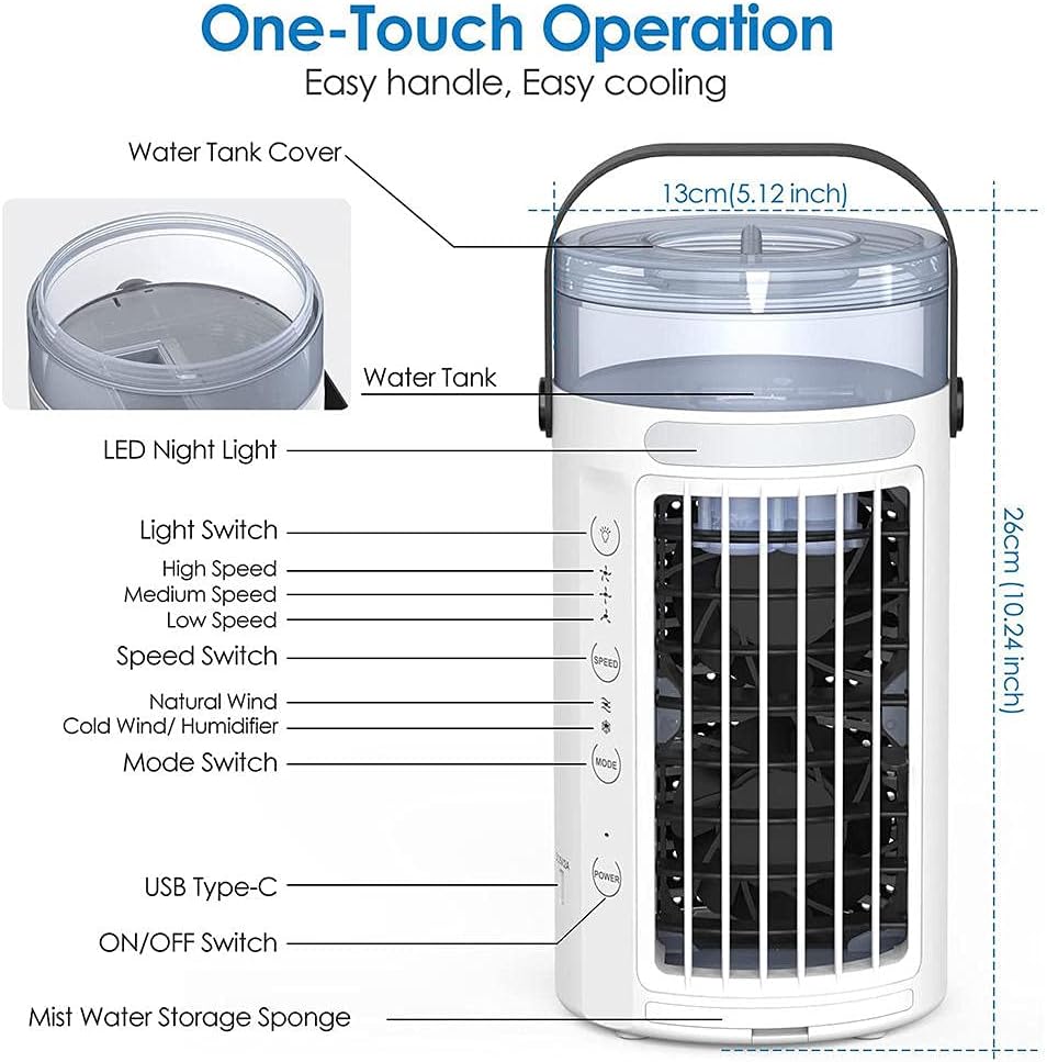 Portable Air Conditioner Fan, Mini Evaporative Air Cooler Super Quiet Desk Air Cooling Fan with Handle, 7 Colors LED Light Humidifier-White