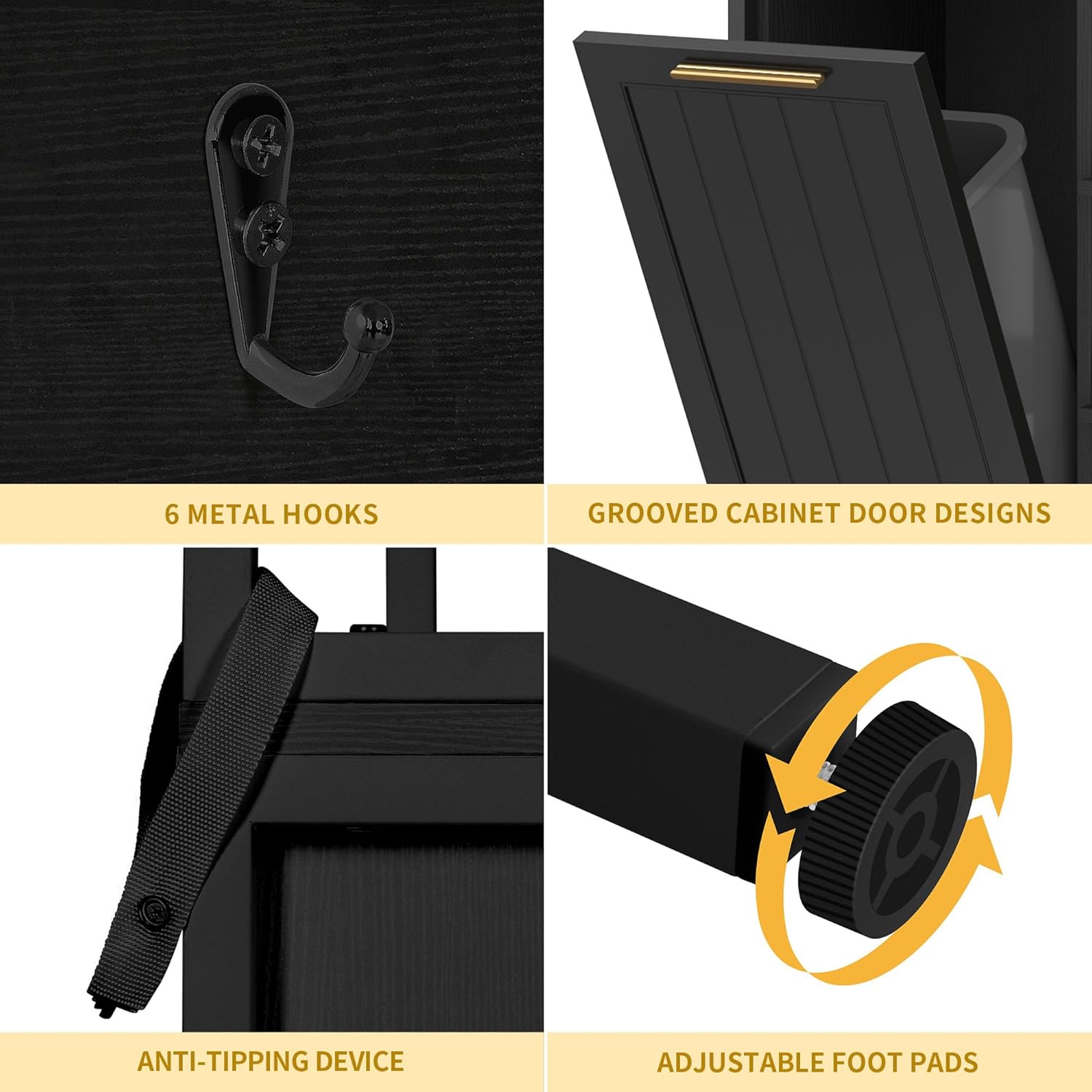 DWVO Black Bakers Rack with Trash Can Bin Cabinet and Power Outlet, Microwave Stand Cabinet with 6 Hooks, 6-Tiers Farmhouse Kitchen Tall Thickened Coffee Bar Table Station with Storage Shelf