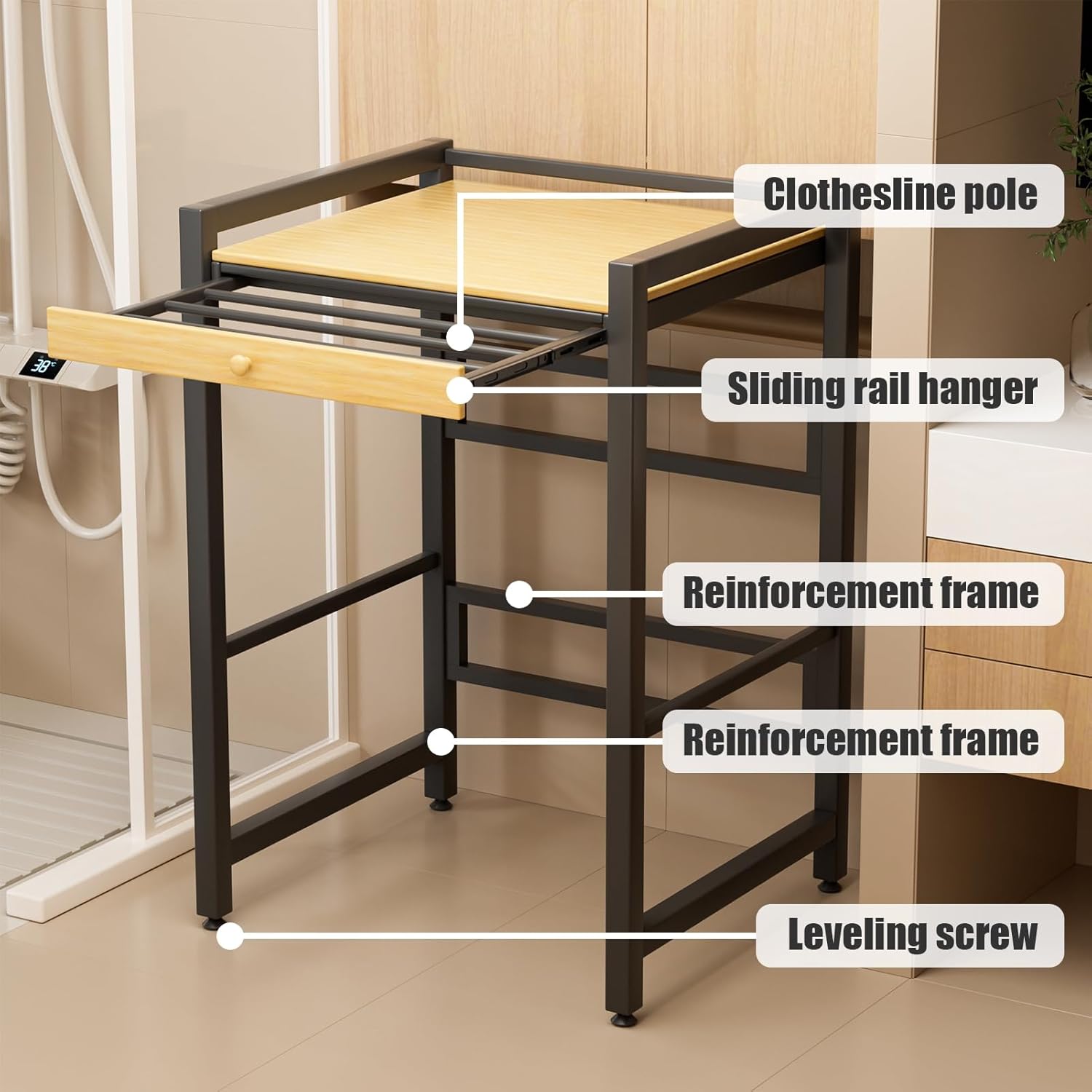 Washer Dryer Stacking Rack, Freestanding Over The Washer and Dryer Rack with Sliding Rail Hanger for Laundry Room, Bathroom Organization, 200KG Load Capacity, 24.8