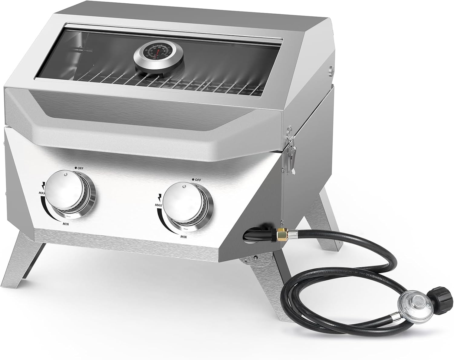 BESTFIRE Tabletop Gas Grill with 2 Burners & Viewing Glass Lid, 20,000 BTU Stainless Steel Portable BBQ Grill with Thermometer, Push-Button Ignition for Outdoor Patio, Camping, RV, Tailgating