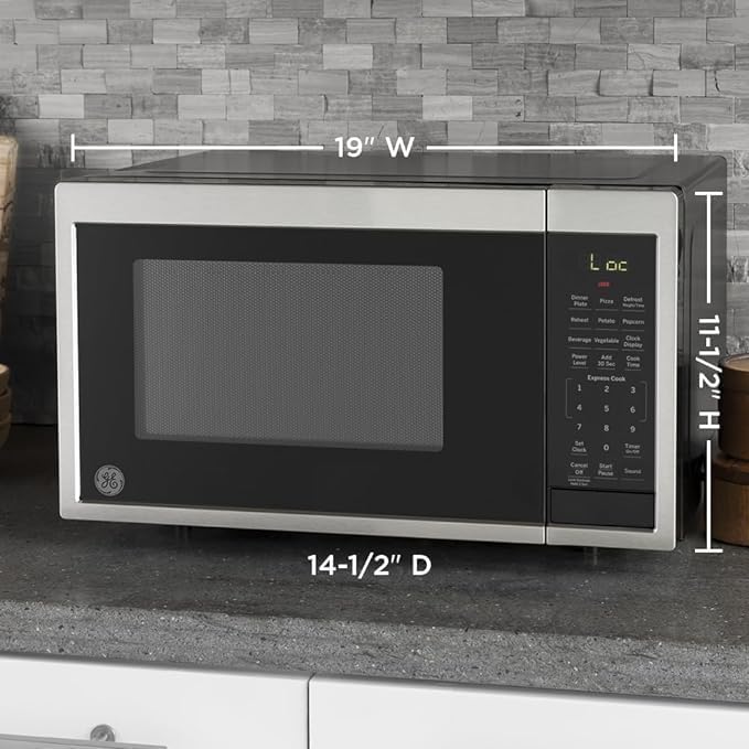 GE Countertop Microwave Oven, Compact 0.9 Cubic Ft., 900-watt Capacity, 7 Auto Cooking Settings, Child-Lock Technology, Kitchen Essentials for the Countertop, Dorm Room or Apartment, White