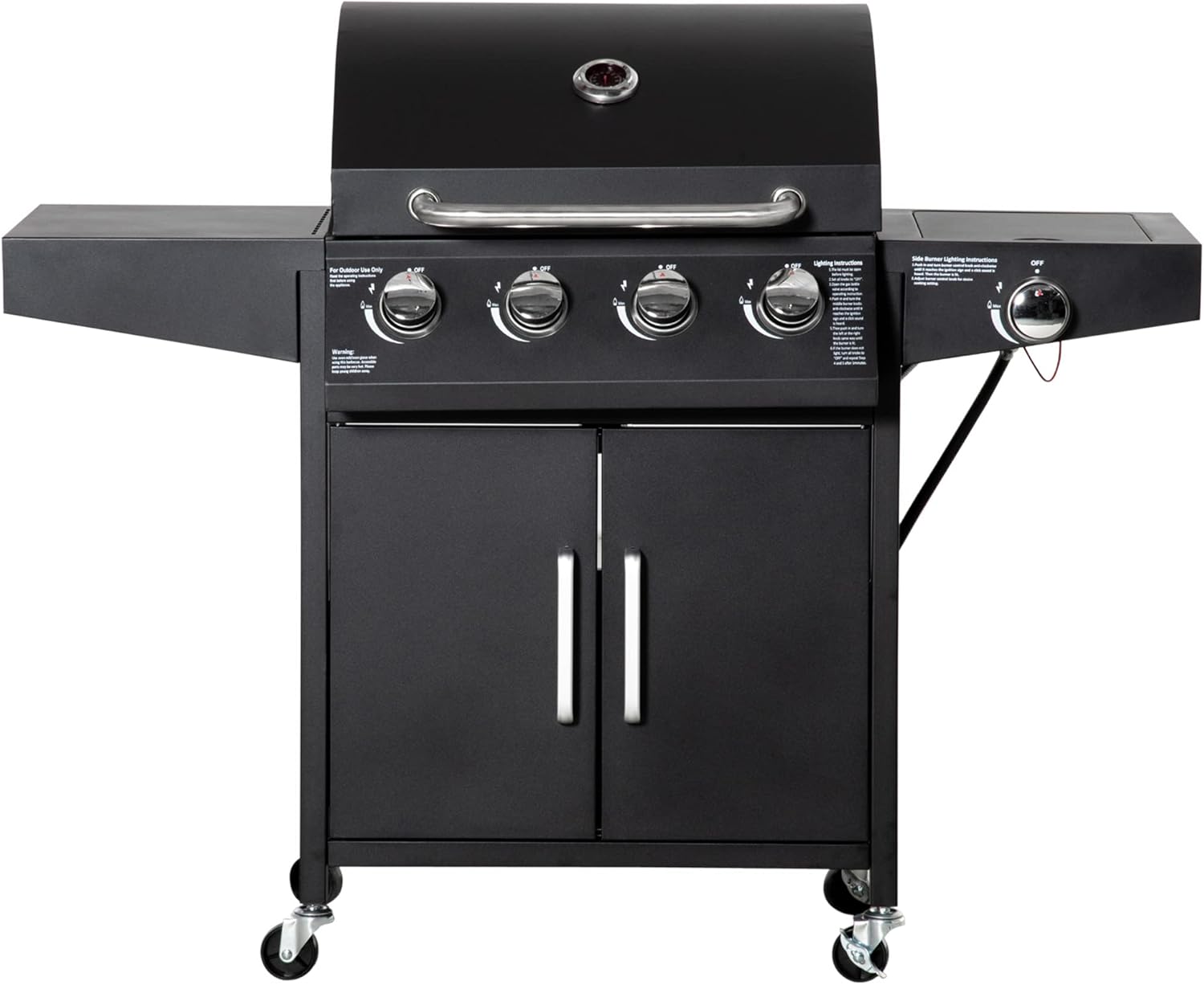 Outsunny 4 Burner Propane Gas Grill, 50,000 BTU Steel Outdoor Barbeque/Barbecue with Side Burner, Warming Rack, Wheels, Shelf, Cabinet, Thermometer (Black)