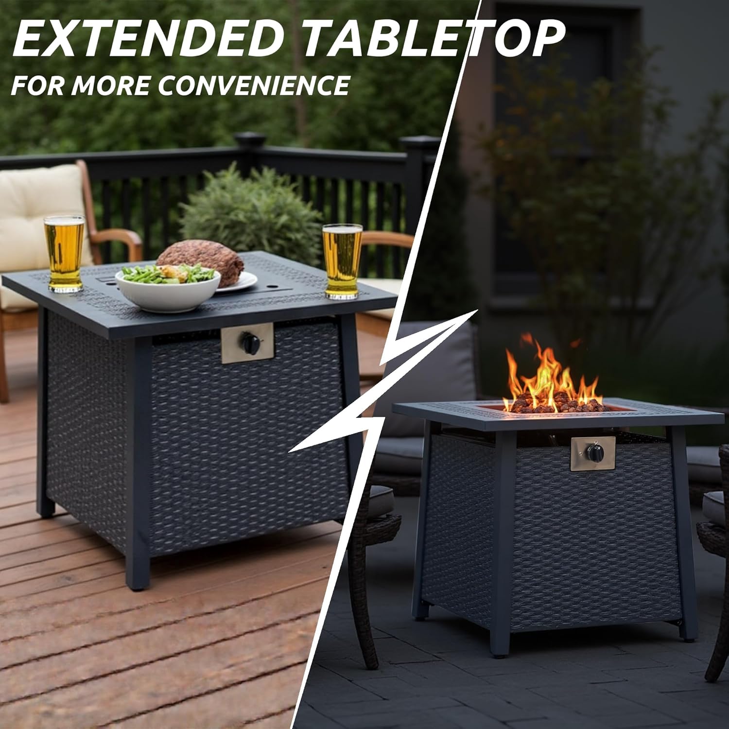 Propane Fire Pit Table,Out Door Fire Pits & Fireplaces,Gas Fire Pit with Lid and Lava Rock.Square Black Fire Pit Table on Patio Deck & Garden Backyard. (Raven‌ Black, 28-inch)