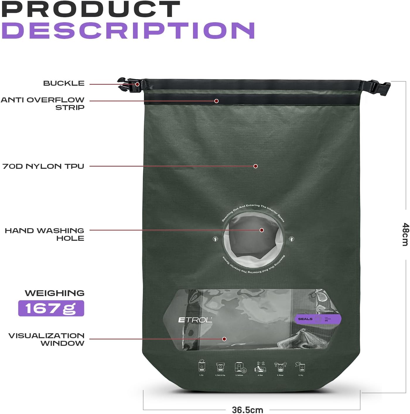 ETROL Wash Bag Portable Washing Machine, Lightweight Manual Washing Machine for Travel, Camping, Laundry, Baby Clothes, Non-Electric, With Bottom Water Outlet and Compartment - L, Green，2PCS