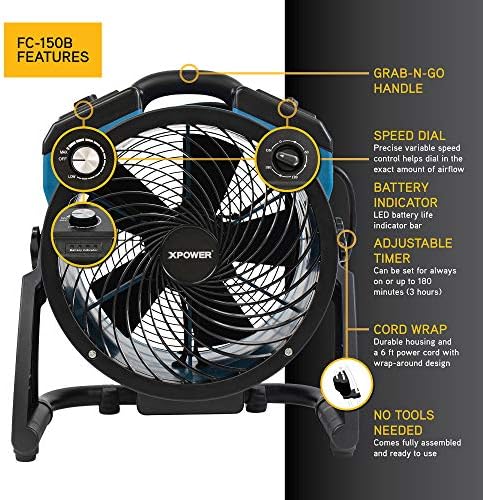 XPOWER FC-150B Portable High Velocity AC/DC Dual Power Operated Portable Rechargeable Battery 18,200mAh Utility Fan, Extended Air Flow, 1000 CFM