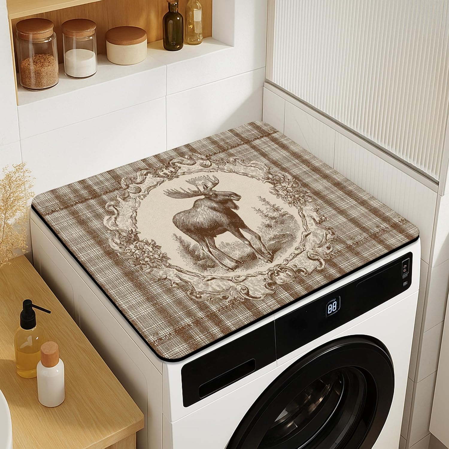 Moose Washer Dryer Top Protector Mat, Rustic Vintage Moose Illustration Laundry Machine Dust Cover, Autumn Animal Rubber Anti-slip Waterproof Washer And Dryer Mats for Laundry Room 20x24 Inch