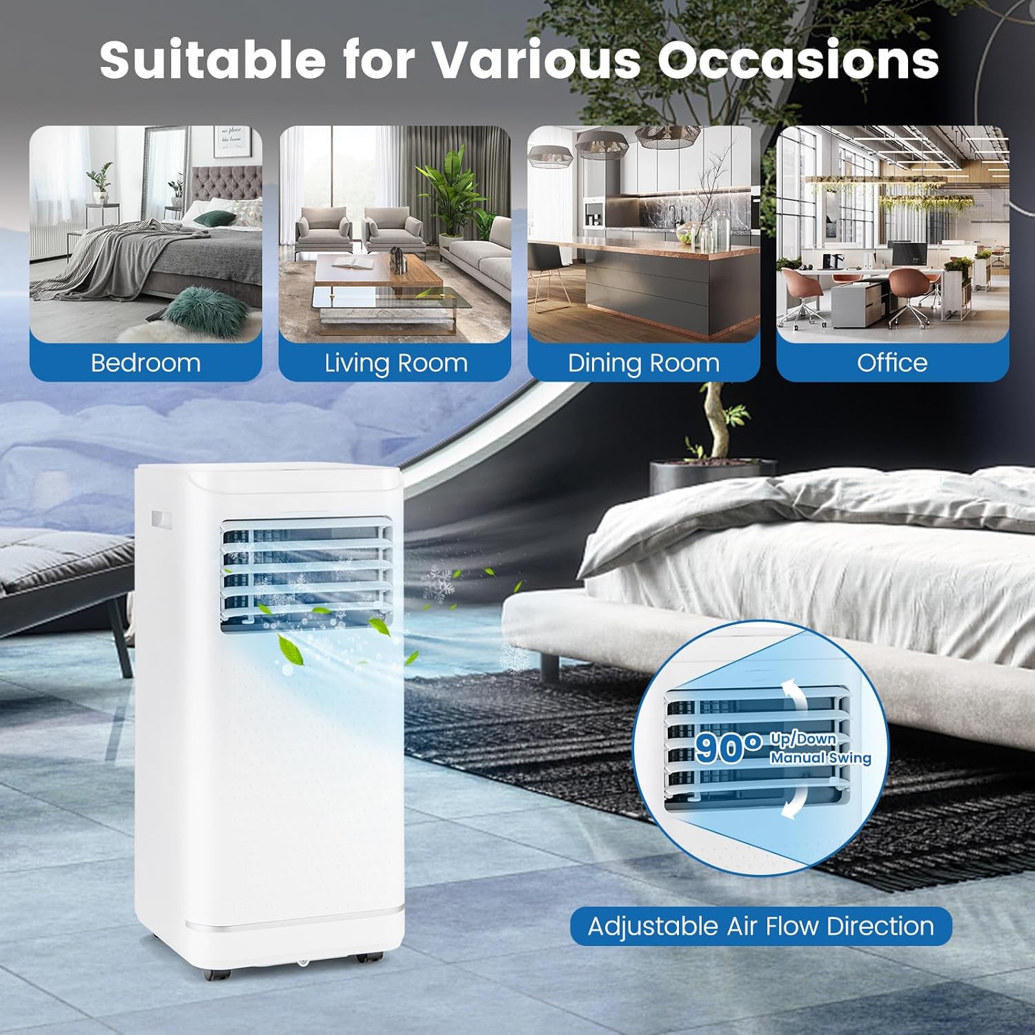 LDAILY Portable Air Conditioner, 3-in-1 Multifunctional Cooling Unit w/Dehumidifier & Fan Mode, Compact Design with Wheels, Child Lock & Timer for Bedroom Office Kitchen, White (10000 BTU)