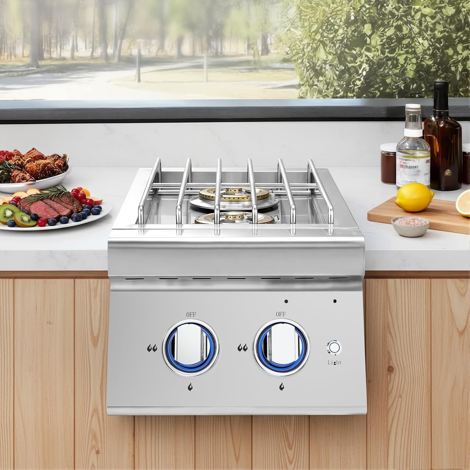 304 Stainless Steel Built-in Side Burner for Outdoor Kitchen, 17,000 BTU Drop-in Gas Stove with Blue LED Lights, Propane & Natural Gas Convertible for BBQ Grill Island (Double 17,000BTU)