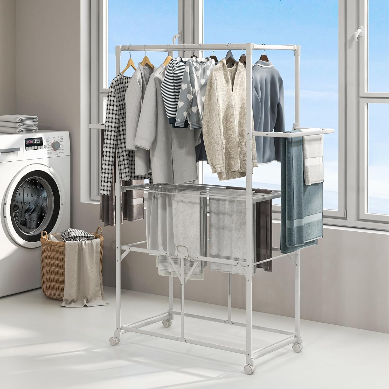 Giantex Clothes Drying Rack with Wheels, Collapsible Laundry Rack with 2 Folding Side Shelves & Detachable Middle Shelf, Moveable Laundry Garment Dryer Stand Dryer Rack for Apartment Indoor Outdoor