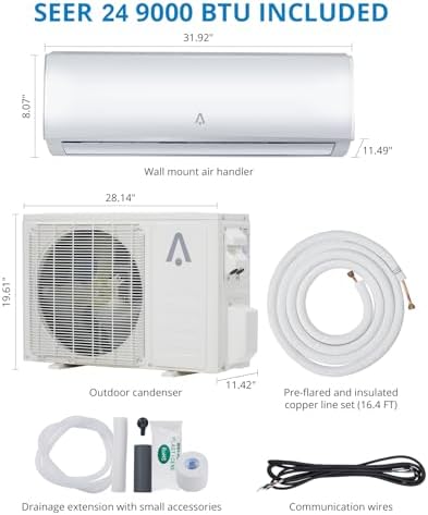 9000 BTU Mini Split Air Conditioner Heat Pump, 24 SEER2 Ductless Inverter AC Unit with Wifi Control, Copper Line Set Included, Cooling for Rooms up to 450 Sq.Ft, 208/230V