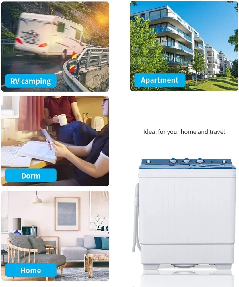 26LBS Portable Washing Machine, Washer(18Lbs) and Spinner(8Lbs), Mini Compact Twin Tub Washer and Dryer Combo with Pump Draining, Great for Dorms Apartments RV Camping (White & Blue)
