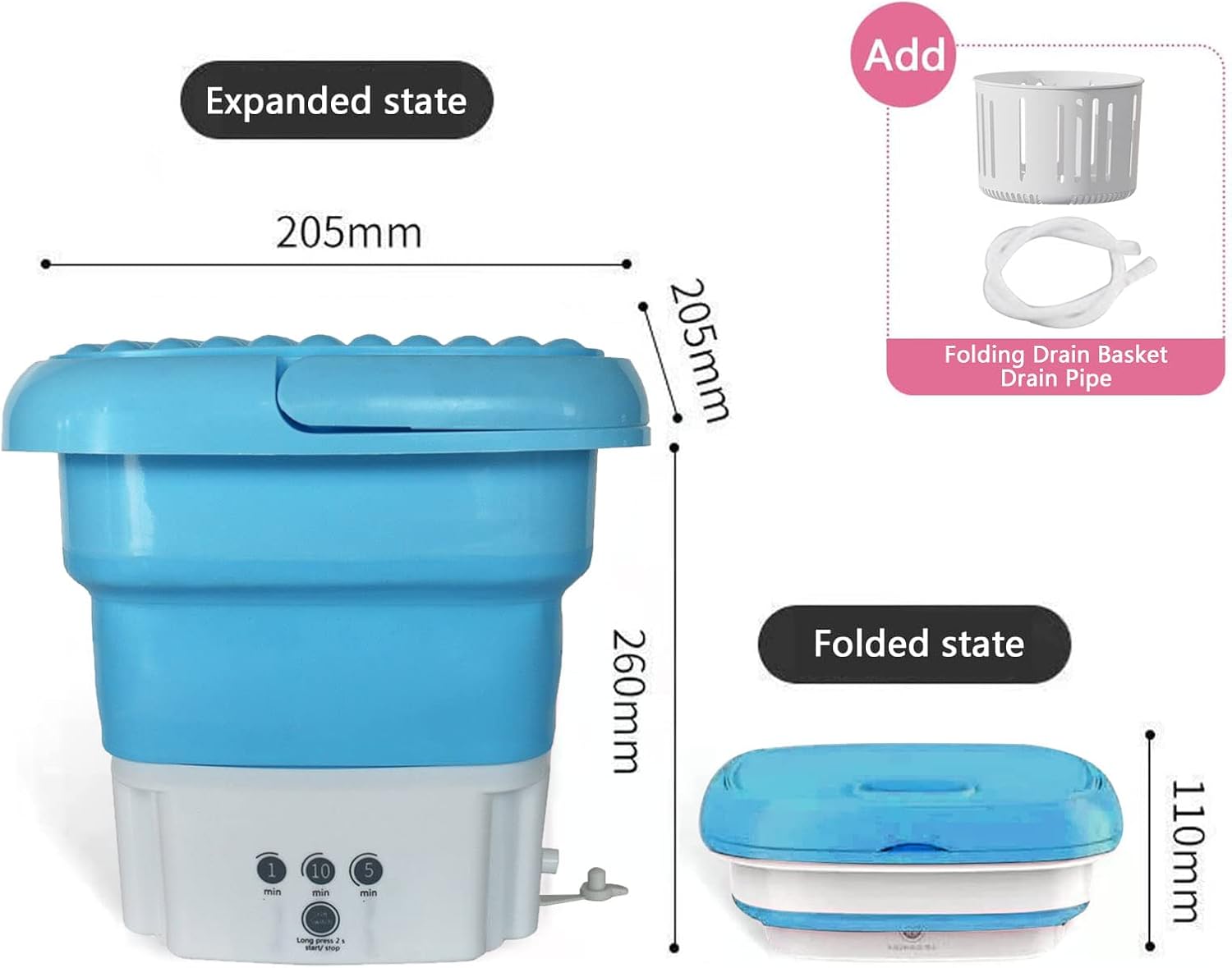 Portable Washing Machine, Mini Foldable Bucket Washer and Spin Dryer for Camping, RV, Travel, Small Spaces, Lightweight and Easy to Carry (Blue)