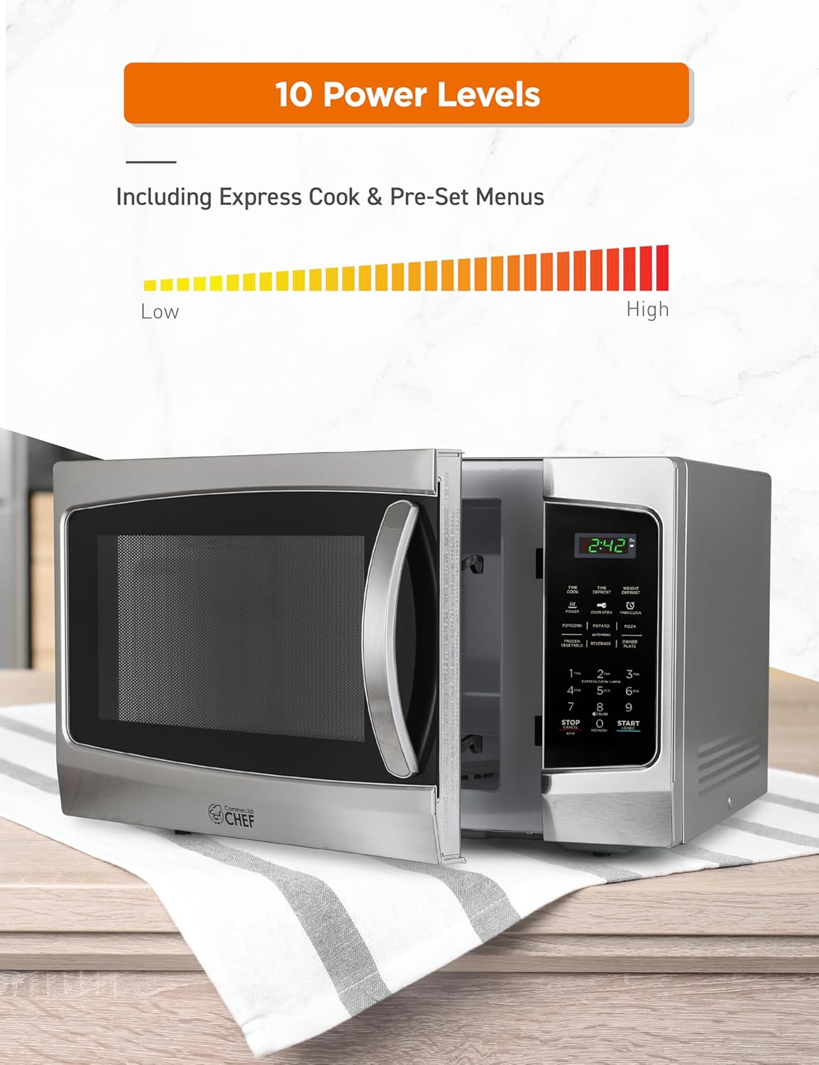 COMMERCIAL CHEF Microwave 1.3 Cu Ft with 10 Power Levels, Microwave with Pull Handle Door Lock, 1000W Countertop Microwave with Timer and Digital Controls, Stainless Steel