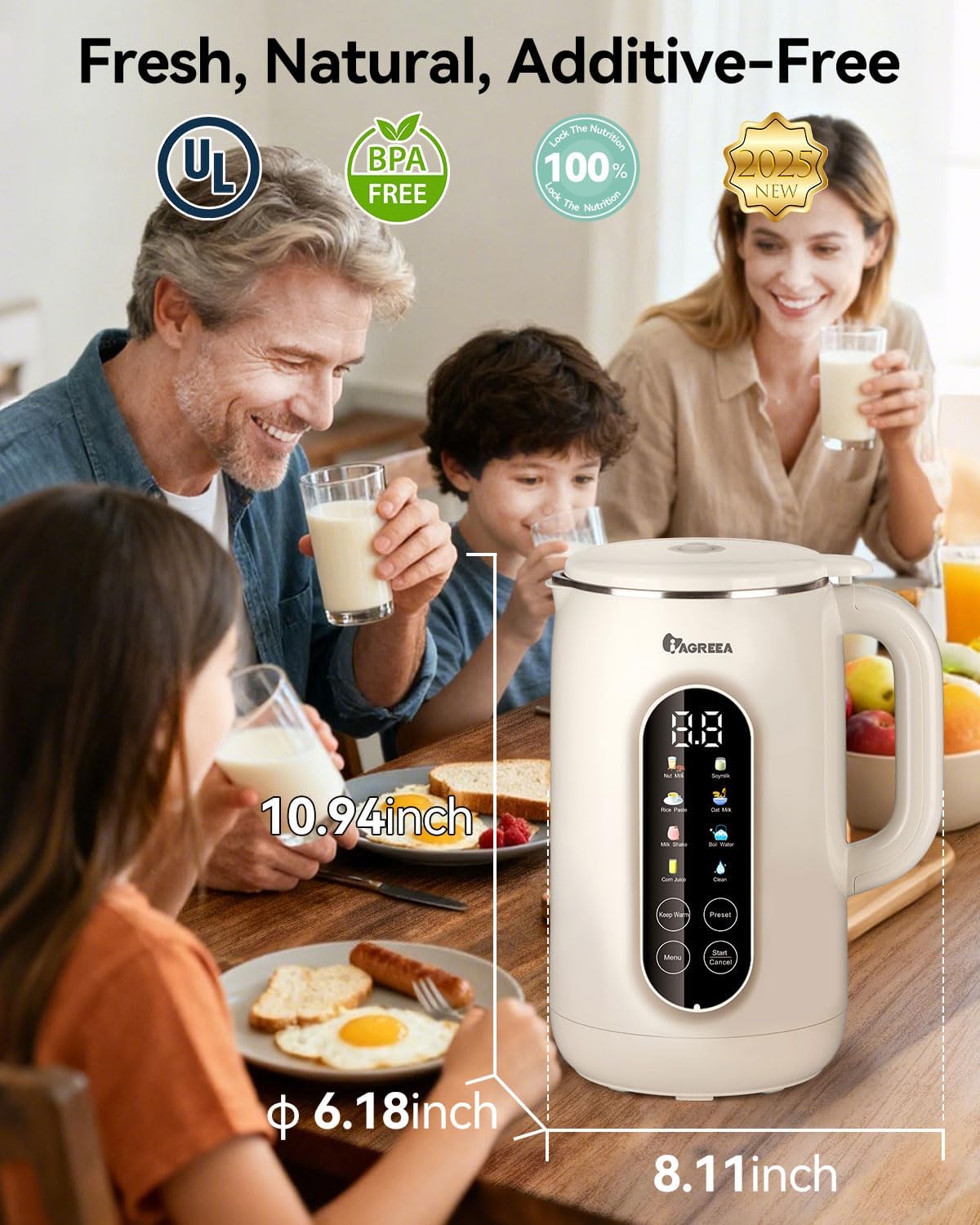 IAGREEA 35oz Nut Milk Maker Machine 304 Stainless Steel Lid BPA Free, 10-in-1 Soy Milk Maker for Homemade Milkshake/Nut/Oat/Plant-Based Drink, 10 Blades Blenders with Delay Start/Boil Water/Self Clean