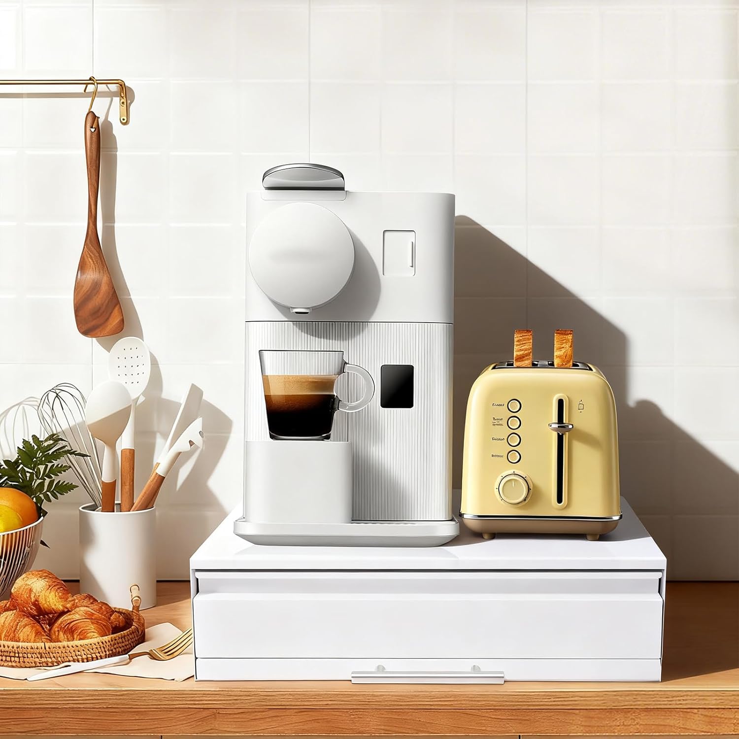 Microwave Stand with Drawer, Pull Out Shelf and 2 Doors, White Kitchen Counter Organizer for Microwave Oven, Coffee Maker Toaster, Modern Storage Cabinet with Wheels for Small Space