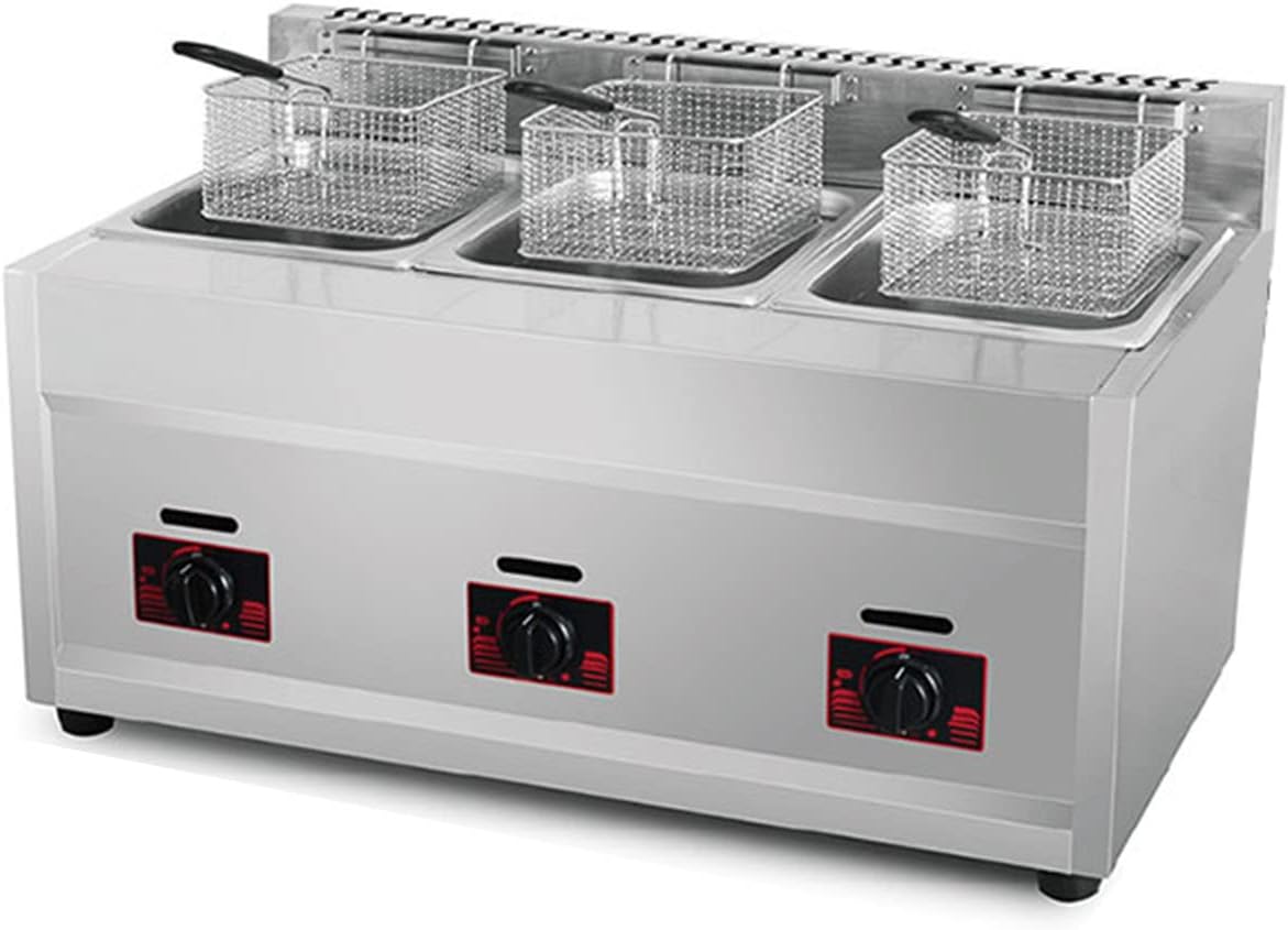 Professional Commercial Double Tank Gas Fryer,stainless Steel Restaurant Kitchen Tabletop French Fries Deep Fryer,Portable Propane Lpg Fryer,fryer with Basket and Lid 18L 3 baskets