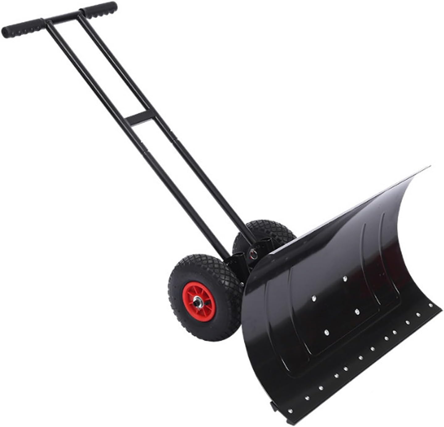 Snow Shovel with Wheels 29.13” Wide Push Snow Plow Adjustable Handle Height Blade Angle Cold-Rolled Iron Sheet Material for Efficient Driveway Sidewalk Snow Removal