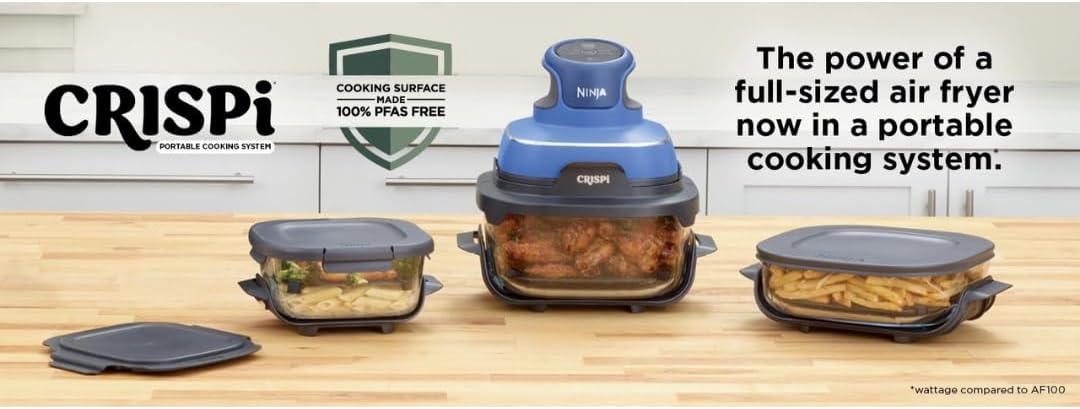 Ninja Crispi 5-in-1 Portable Glass Air Fry Cooking System, 3 Containers & Cover 4-QT, 2.5QT 6-CUP Containers ALL IN ONE