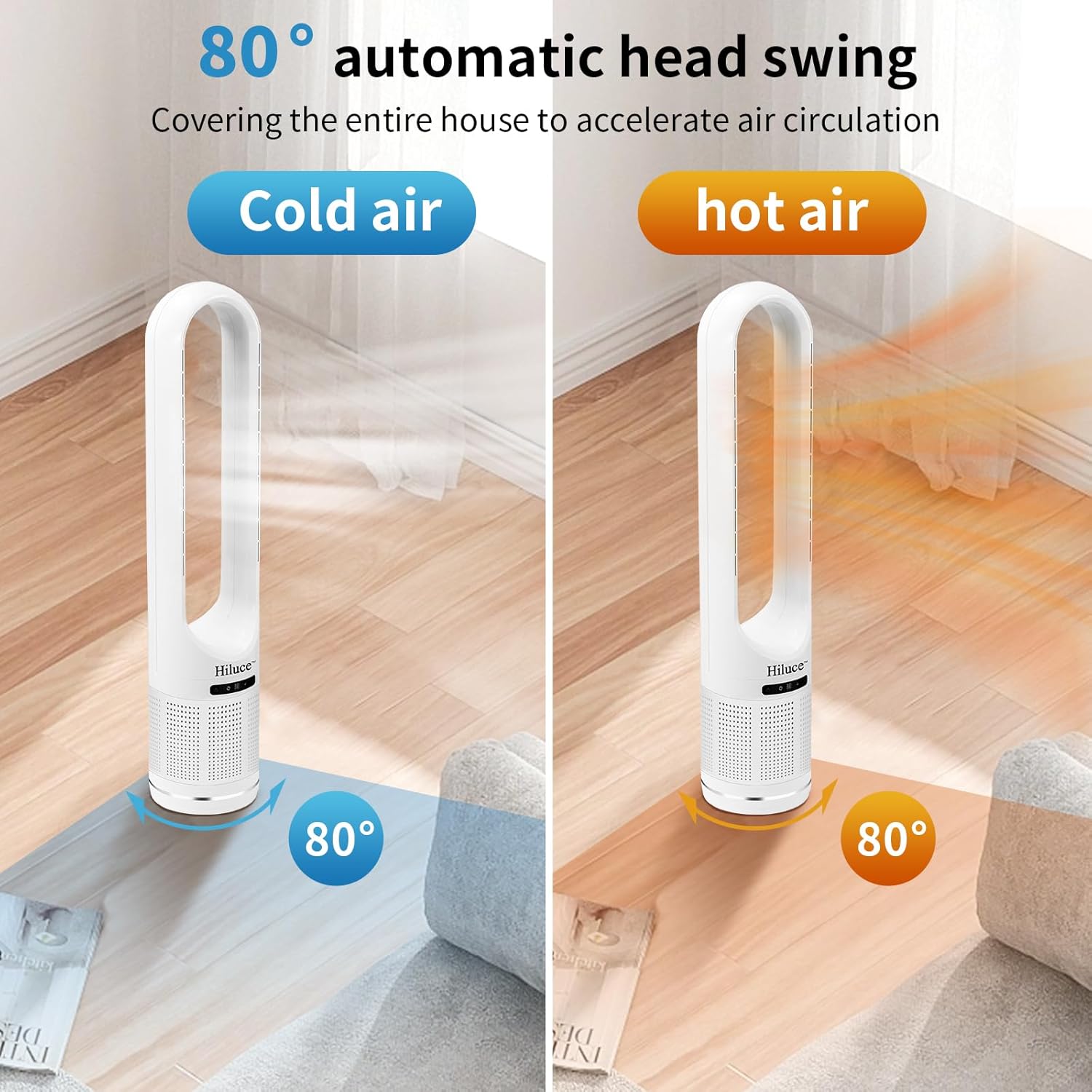 Hiluce 3-in-1 Bladeless Fan with Air Purifier,Indoor Heater,Fan and Heater Combo HEPA Filter,Tip-Over Switch,26ft/s Quiet Tower Fans,80°Oscillating, 8 Speeds, 9H Timer, 32 inch Large