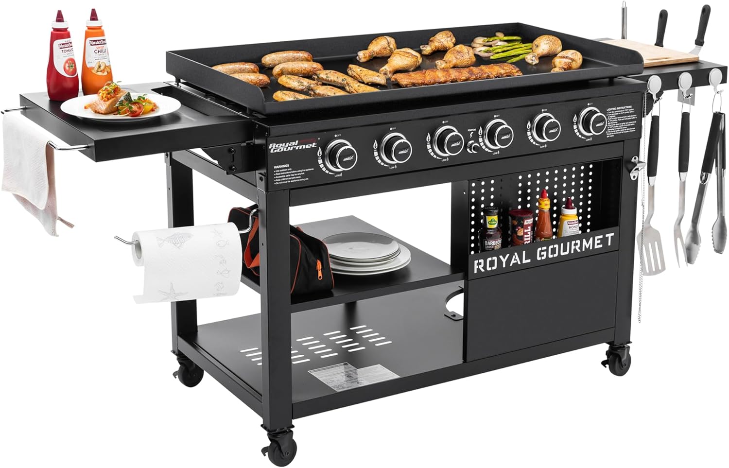 6-Burner Propane Gas Grill Griddle with Foldable Side Tables, 44-Inch Flat Top Grill with Double-Layer Bottom, Ideal for Outdoor Cooking, Black, GB6000-SC