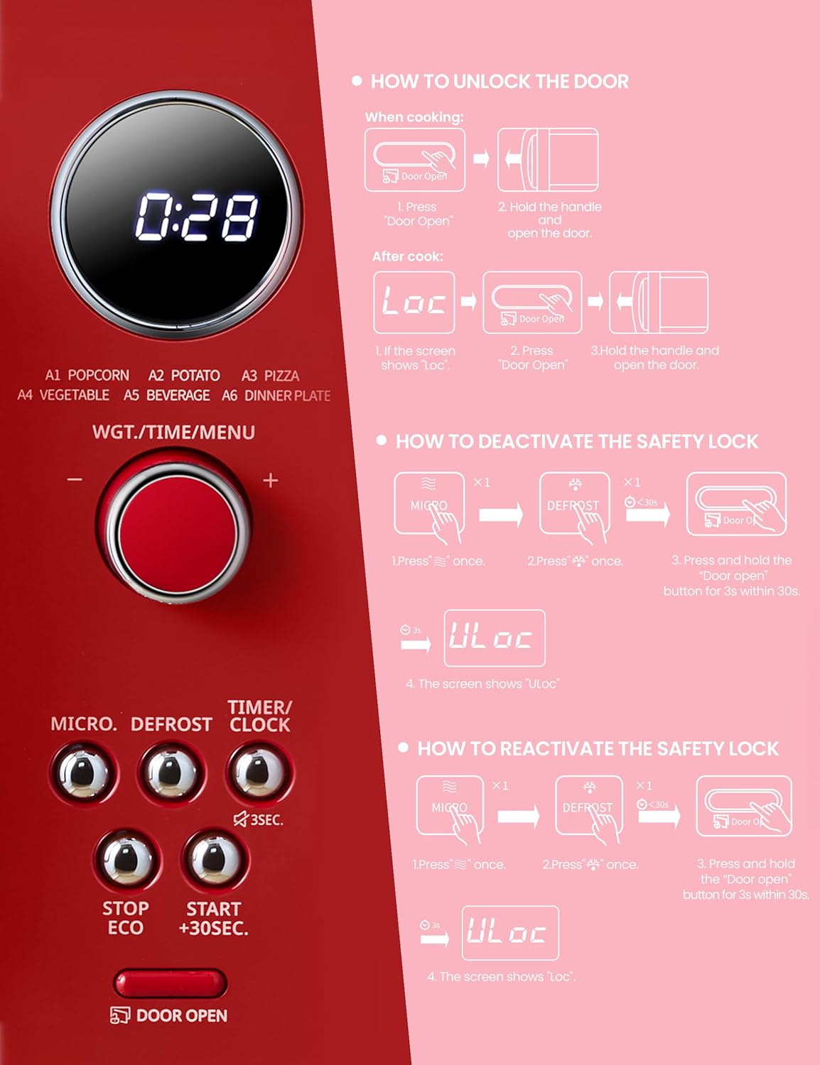 COMFEE' Retro Microwave Oven, Small Microwave with 6 Auto Menus, 0.9 cu.ft Countertop Compact Microwave with Multi-stage Cooking, Mute Function, LED digital, Red/900W, CMO-MMP02AA(RD)