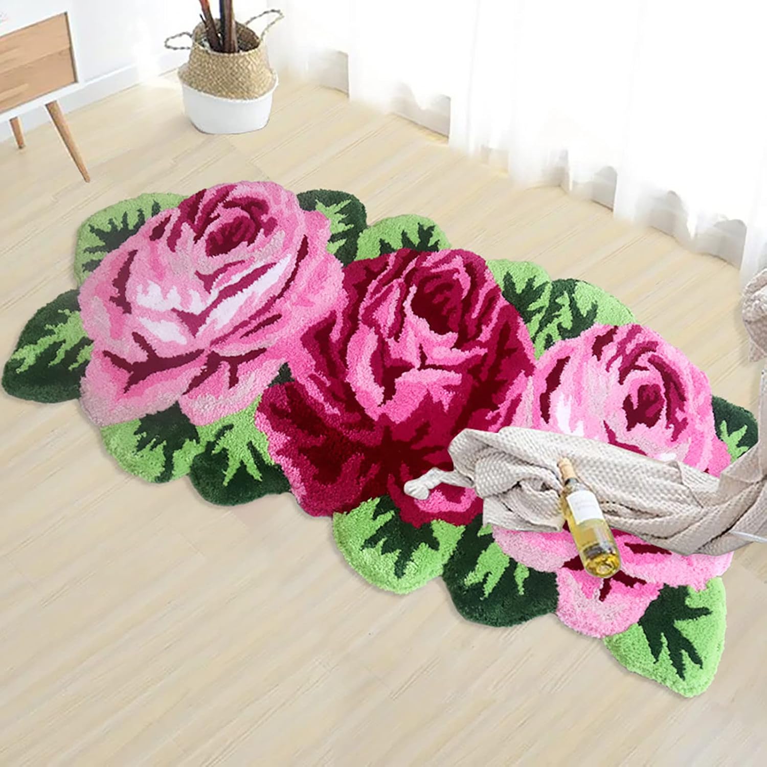 UKELER Laundry Room Rug 49.2x25.6 inch Pink Rose Flower Kitchen Area Rugs Non-Slip Absorbent Bathroom Rugs for Bathroom