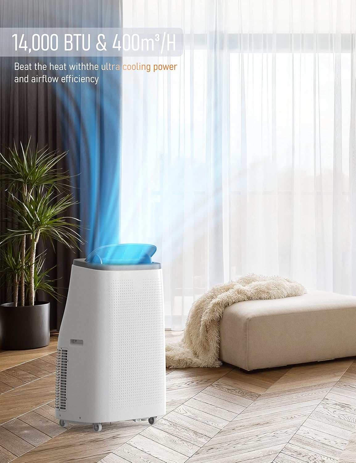 DEXSO Portable Air Conditioner 14,000 BTU, A/C for Rooms up to 750 Sq. Ft, Built-in Dehumidifier, Fan, and Sleep Mode, Includes Remote Control, Reusable Filter, and Window Kits