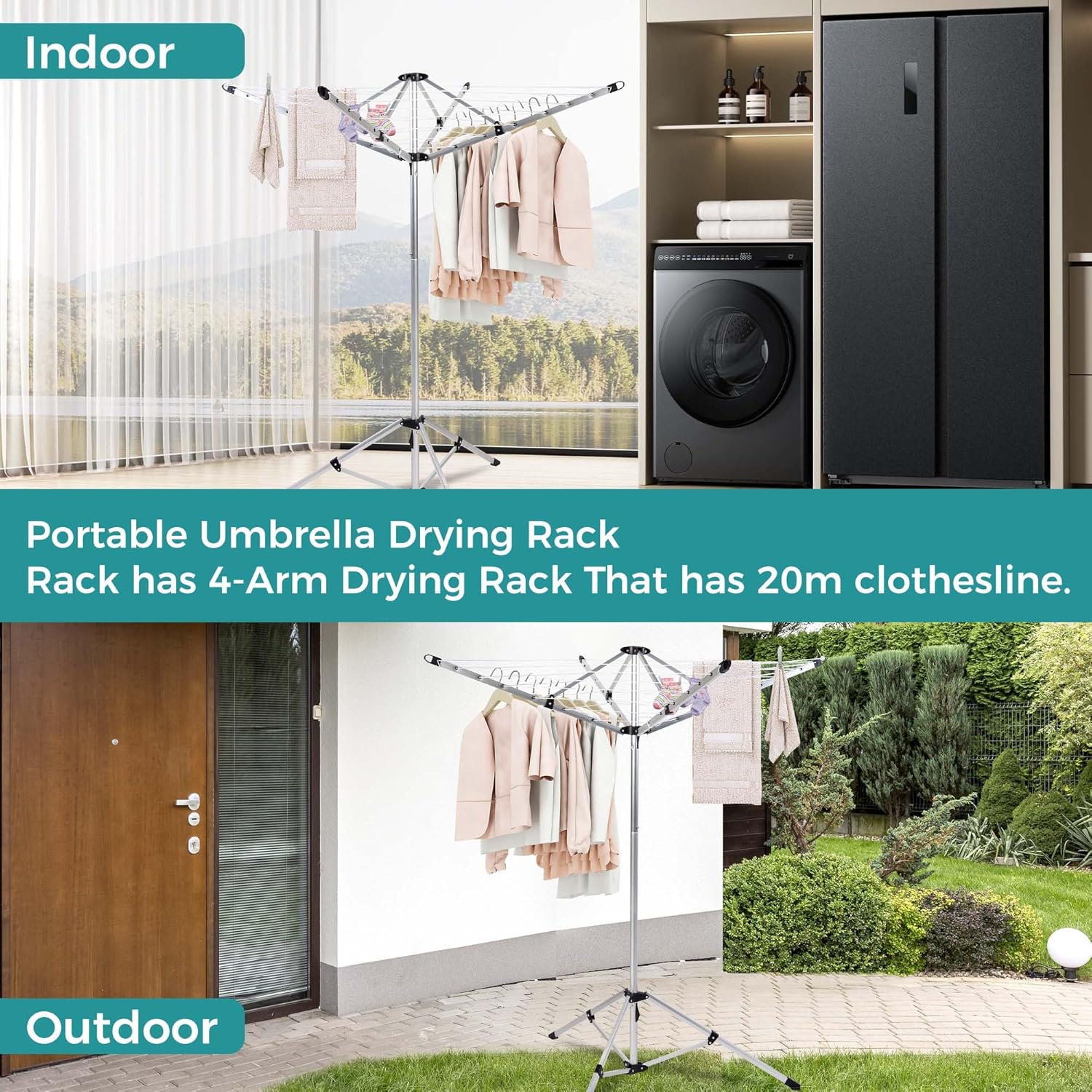 Umbrella Drying Rack, Retractable Outdoor/Indoor Drying Rack, 65 ft Long Clothesline, Portbale Clothing Dryer Rack for Laundry Room Garden, with 3 Legs