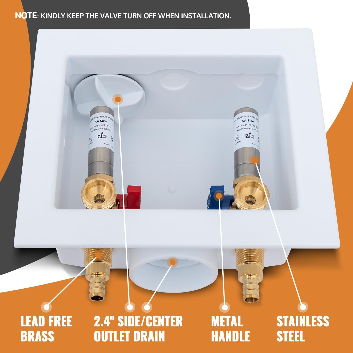 SUNGATOR Washing Machine Laundry Outlet Box, Washer Water Valve Wall Box with Center Drain, 1/2 Inch Pex Crimp Inlet x 3/4 Inch MHT Outlet, with Stainless Steel Water Hammer Arrestor and 4 Crimp Rings