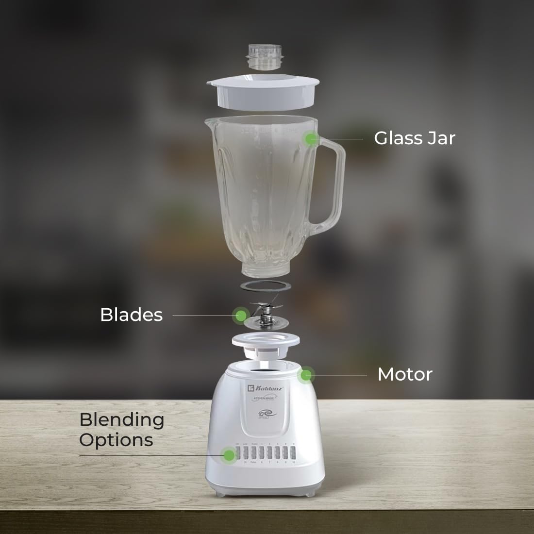 Koblenz 51-oz Glass Jar Blender, 10 Speed and 2 Pulse Blender, Countertop Blender with Stainless Steel Blades, Perfect for Shakes and Smoothies, 500-Watt Motor, White, LKM-5910 VB