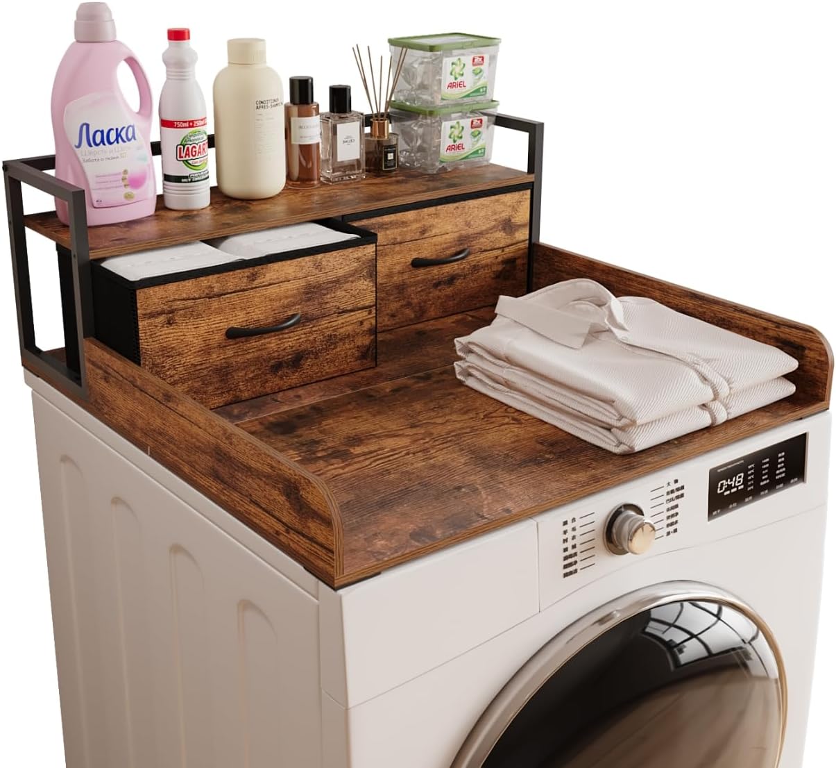 2-Tier Washer Dryer Countertop single with shelf and fabirc drawer,laundry topper with Edge and Non-Slip Pad for Washer Dryer Laundry Hamper Counter Storage Organization (rustic brown, single)